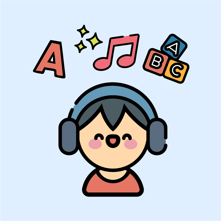 An illustration of a happy toddler wearing headphones, surrounded by the letter 'A', music notes, and colorful blocks with the letters 'A', 'B', and 'C'. This represents music-driven learning for toddlers.